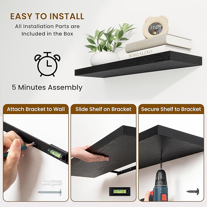 Fun Memories 40" Rustic Wood Floating Shelves with Invisible Brackets for Storage & Decor, Deep Wall Mounted Shelves for Bathroom, Kitchen, Living Room (Black, Set of 2)