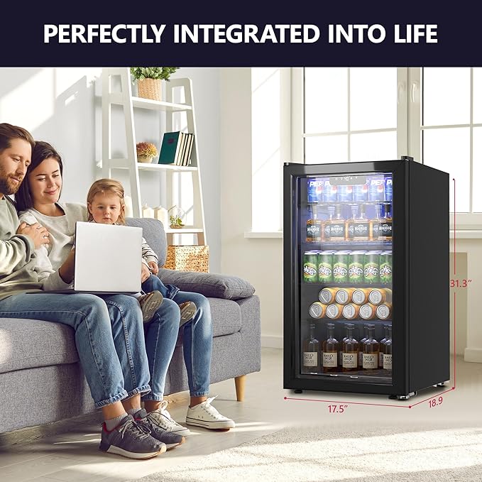 Beverage Refrigerator and Cooler, 126 Can Mini fridge with Plastic Door, Beverage Cooler with Digital Temperature Display & Adjustable Shelves for Soda Beer or Wine, Black