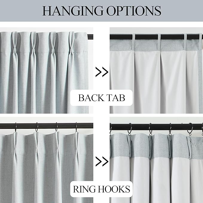 Vision Home Blue Gray Pinch Pleated Full Blackout Curtains Linen Blended Room Darkening Window Curtains 72 inch for Living Room Bedroom Thermal Insulated Pinch Pleat Drapes with Hooks 40" Wx72 Lx2