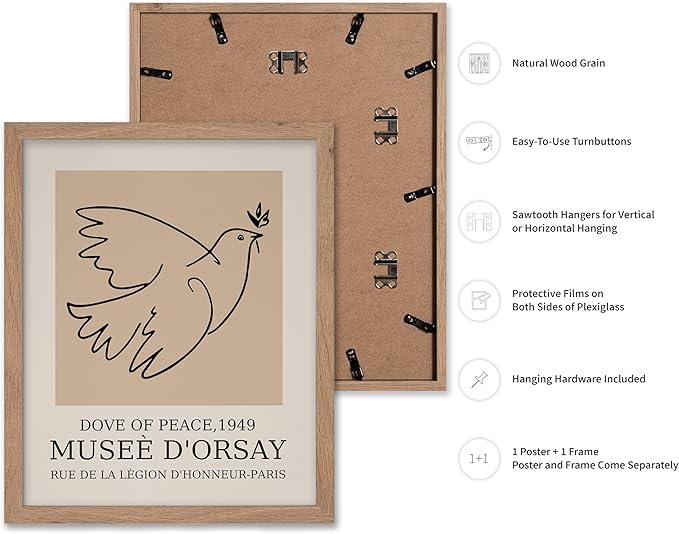 Poster Master Vintage Poster - Retro Minimalist Print - Gift for Artist, Friend - Dove Of Peace, Line Drawing, Sketch, Abstract - Wall Decor for Living Room, Bedroom, 8x10 Beige Framed