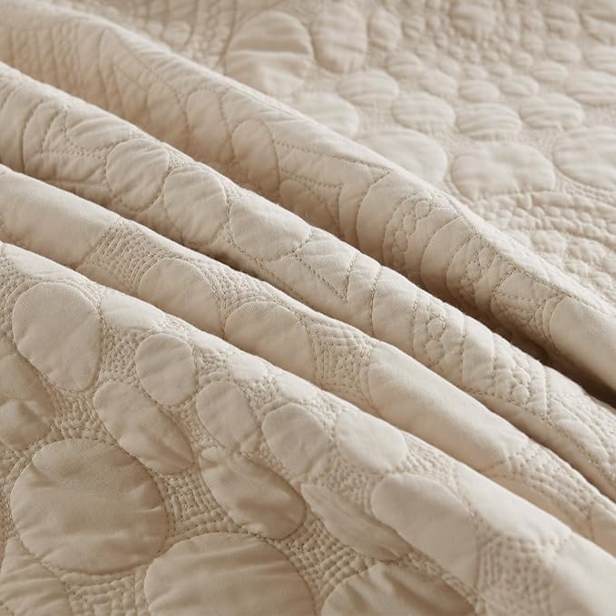 MarCielo 3-Piece 100% Cotton Oversized Bedspread Lightweight Quilt Coverlet Embroidery Farmhouse Bedding (Tf Khaki Beige, Oversized King (118"x106"))