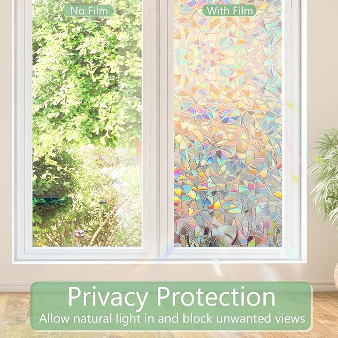 HIDBEA Window Privacy Film Static Clings, Rainbow Window Film, 3D Decals Non-Adhesive Window Vinyl Film for Home Door, 23.6 Inch x 13.1 Feet