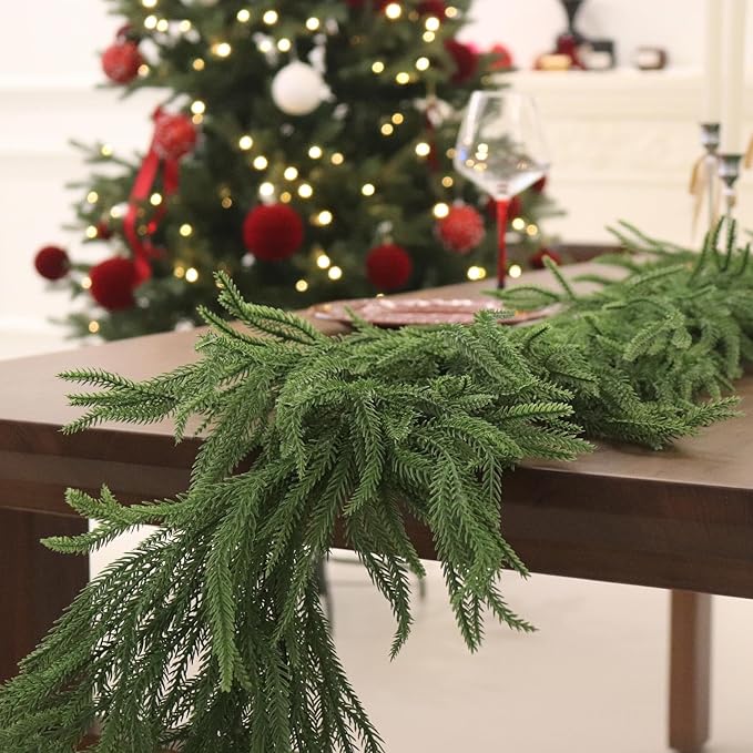 2PCS 9FT Christmas Garland Norfolk Pine Garland Real Touch Artificial Greenery Garland for Mantle Fireplace Table Indoor Outdoor Decor (Full)
