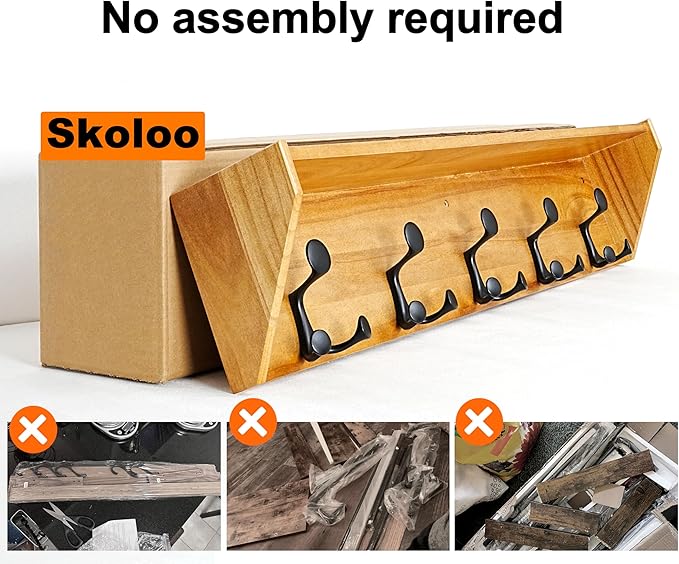 SKOLOO Wall Shelf with Hooks, 35-Inch Brown Coat Rack Wall Mount with Shelf Organizer - Lightweight & Sturdy, 5 Tri Hooks - Perfect for Entryway, Hallway, Living Room, Bedroom, Mudroom