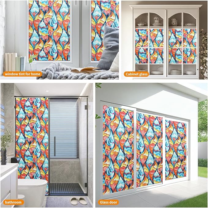 Window Privacy Film Stained Glass Decorative Static Clings Frosted Window Tint for Home Room Decor Bathroom Door Car Stickers with Glittering Effect, Removable(Tulip)