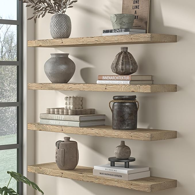 Fun Memories Floating Shelves for Wall Decor, 36"x8" Rustic Reclaimed Wood Shelves, Heavy-Duty Wall Mounted Shelves with Invisible Brackets, Set of 2for Living Room, Bedroom, Kitchen, Natural Finish