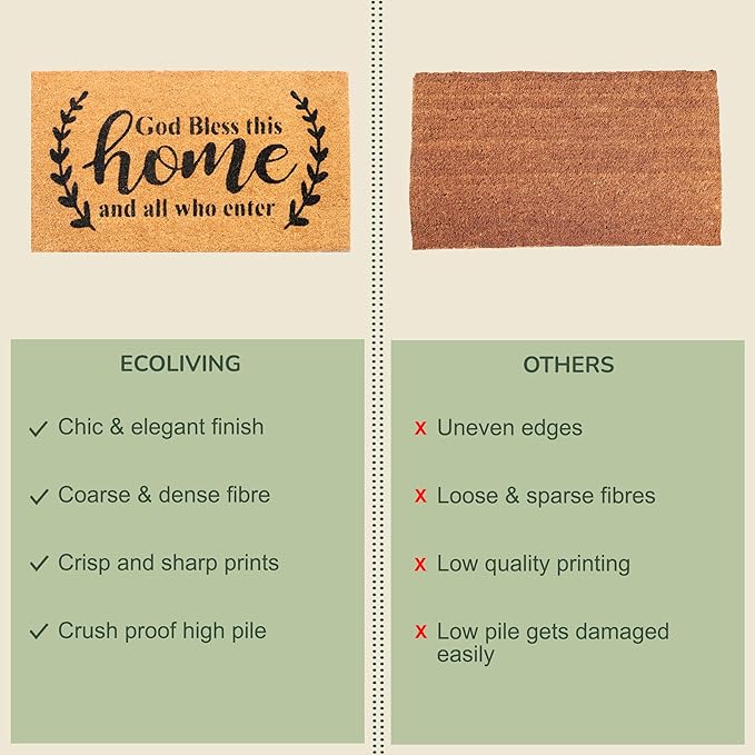 Welcome Doormats, Natural Coco Coir Mats with Non-Slip PVC Backing, Indoor Outdoor Mats for Home & Office, Mats for Door with God Bless This Home Print, Beige & Black, 30"x17"