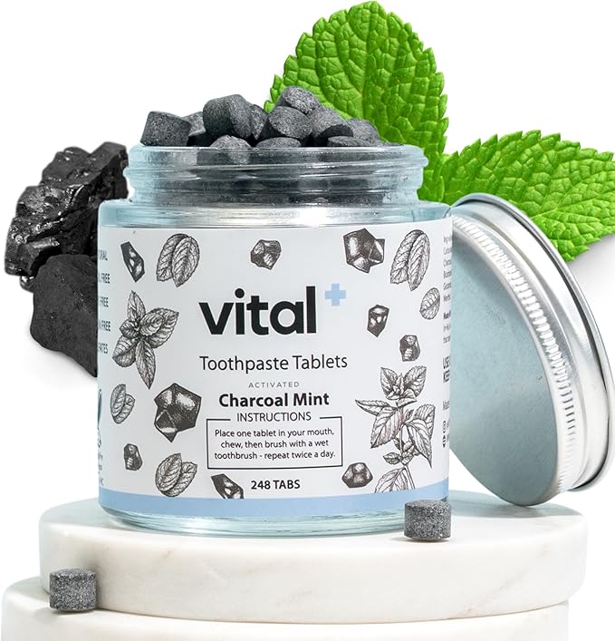 Vital Toothpaste Tabs with Nano-Hydroxyapatite | Naturally Whitens + Remineralizes Teeth | Fluoride & Plastic Free | Combats Sensitivity | Travel & Eco Friendly | Charcoal Mint | 248 Tablets (4 Month)
