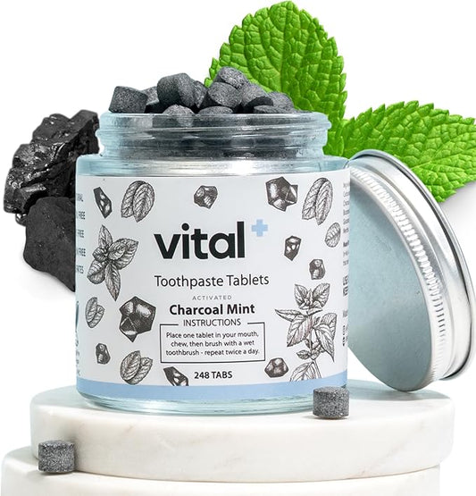 Vital Toothpaste Tabs with Nano-Hydroxyapatite | Naturally Whitens + Remineralizes Teeth | Fluoride & Plastic Free | Combats Sensitivity | Travel & Eco Friendly | Charcoal Mint | 248 Tablets (4 Month)