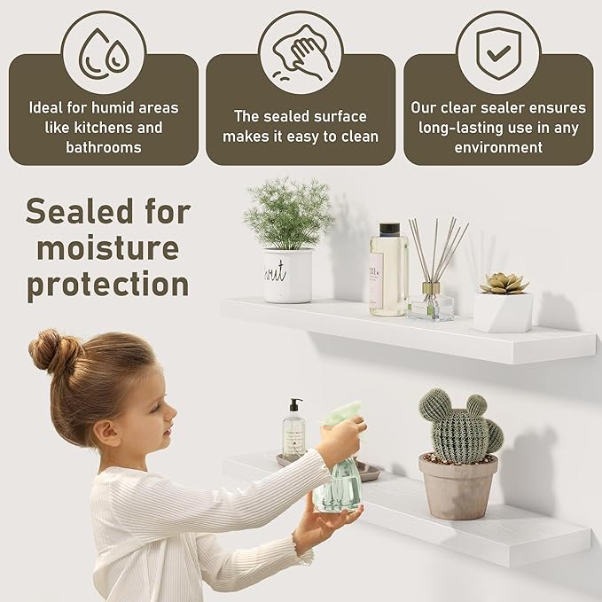 Fun Memories 30 Inch Floating Shelves Set of 3, Farmhouse White Wall Shelves for Kitchen, Living Room, Wall Mounted Bathroom Shelves in Black, 30 x 6.7 x1.4 Inch