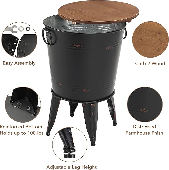 Rustic Storage Farmhouse Accent Side Table, Antique Galvanized Metal End Coffee Cocktail Table Box Bin with Round Wooden Lid Set of 2 (Black)