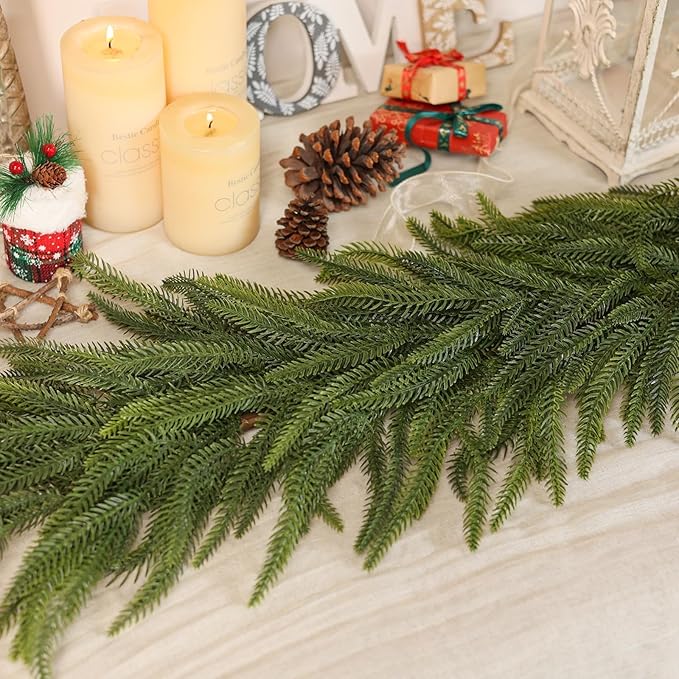 9FT Christmas Norfolk Pine Garland -1PCS, Artificial Pine Needles Garlands Faux Greenery Fake Garland for Holiday Fireplace,Table,Window,Stairs,Mante,Indoor Outdoor Decor
