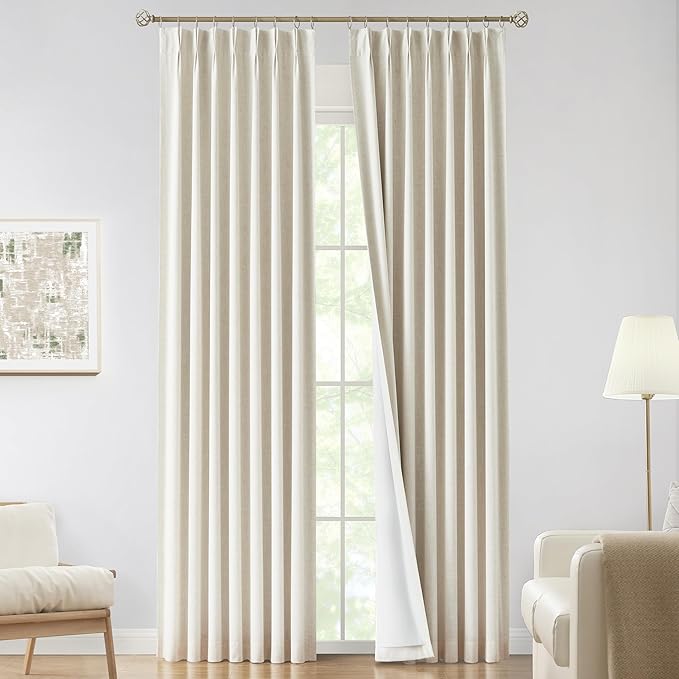 Vision Home Natural Pinch Pleated Full Blackout Curtains Linen Blended Room Darkening Window Curtains 120 inch for Living Room Bedroom Thermal Insulated Pinch Pleat Drapes with Hooks 10ft 40"Wx120"Lx2