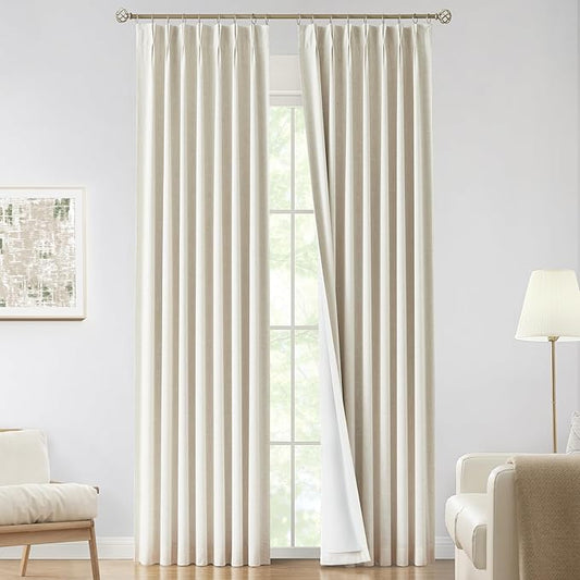Vision Home Natural Pinch Pleated Full Blackout Curtains Linen Blended Room Darkening Window Curtains 120 inch for Living Room Bedroom Thermal Insulated Pinch Pleat Drapes with Hooks 10ft 40"Wx120"Lx2