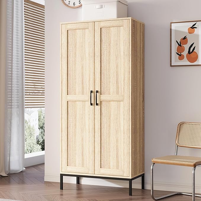 Tall Storage Cabinet, Kitchen Pantry Cabinet with 2 Doors & Adjustable Shelves for Laundry Room, Living Room, Entryway,Bathroom,Natural