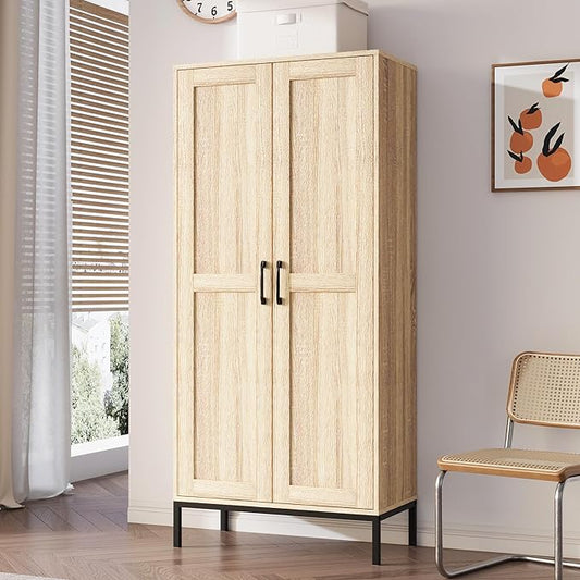 Tall Storage Cabinet, Kitchen Pantry Cabinet with 2 Doors & Adjustable Shelves for Laundry Room, Living Room, Entryway,Bathroom,Natural
