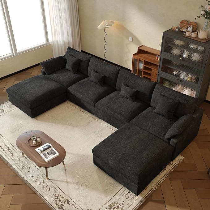 JACH U-Shaped Sectional Couches for Living Room, Cloud Sectional Couch with Deep Seat, 155.9" Modular Sofa with Chaise, Covers Removeable & Washable, Sofas Furniture for Living Room, Black