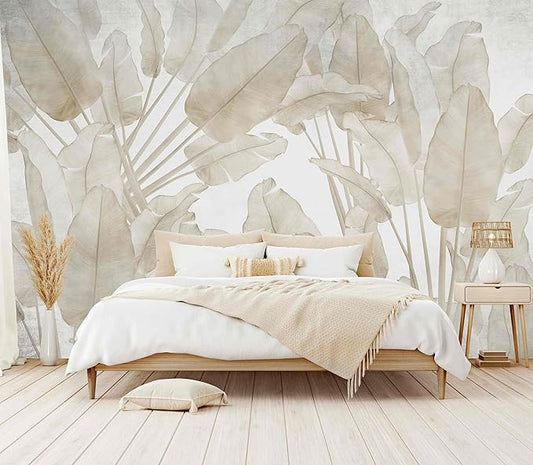 Banana Leaf Wallpaper Beige Tropical Plants Leaves Wall Mural Living Room Bedroom (Not Peel and Stick)