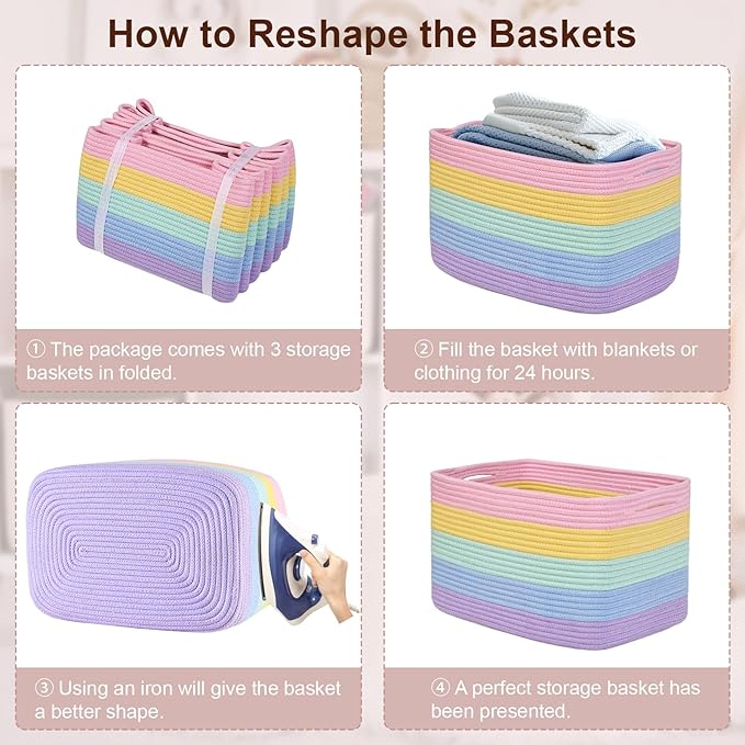 Shelf Baskets for Organizing, Woven Storage Basket for Shelves，Cotton Rope Storage Bins for Toys Books, Nursery Towel Baskets for Classroom, 14.96"X9.8"X8.85", 3-Pack Pastel Rainbow