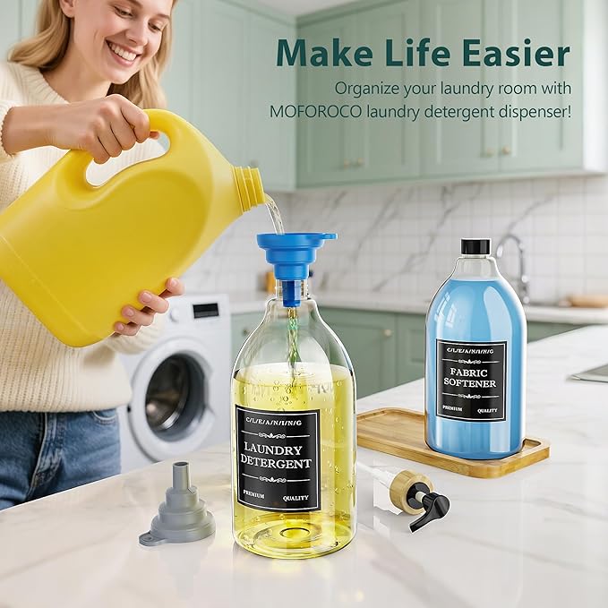Moforoco Liquid Laundry Detergent Dispenser with Bamboo Tray, 2 Pack 64 Oz Plastic Laundry Soap Dispenser, Fabric Softener Dispenser with Pump and Labels for Laundry Room Decor and Organization