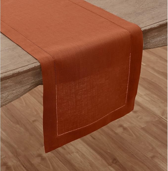 Solino Home Linen Cinnamon Table Runner 90 Inches Long - 100% Pure Linen Hemstitch 14 x 90 Inch Table Runner for Dining, Fall, Autumn, Halloween, Thanksgiving - Classic Hemstitch