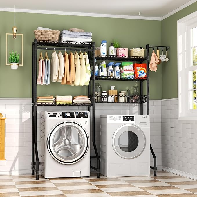 Over Washer and Dryer Shelves,Heavy Duty Laundry Room Storage Organization Clothes Drying Rack,5 Tier Adjustable Height Wire Shelving and Wire Basket with Hanger Rod&Hook,Space Saving Shelf