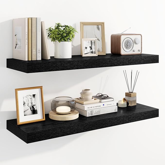 Marsmiles 31.5" Floating Shelves for Wall, Wooden Shelves with Invisible Brackets Set of 2, Rustic Farmhouse Wall Mounted Shelf for Kitchen Bathroom Living Room Study, Black