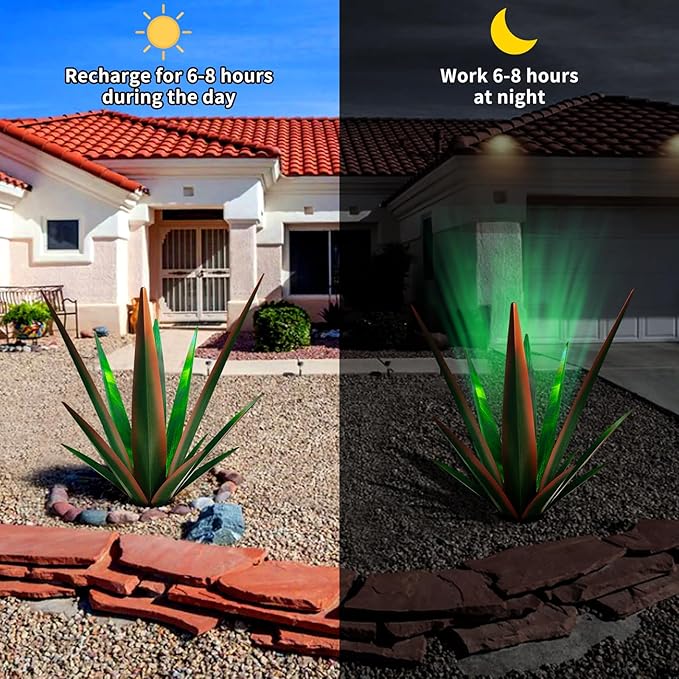 Large Tequila Rustic Sculpture, Rustic Metal Agave Plants for Outdoor Patio Yard, Home Decor Hand Painted Metal Agave Garden Yard Statue, Outdoor Lawn Ornaments (Black - L (W/Solar Light))