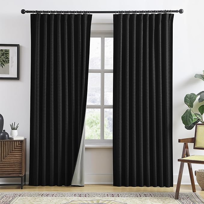 RAIN CITY Black Blackout Curtains 92 Inches Long, Textured Linen Blend Black Out Custom Made Pleated Look Curtains with Hooks Window Drapes for Bedroom Living Room-50x92-inch 2 Panels Set