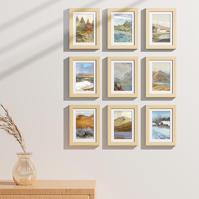 Vittanly 5x7 Picture Frames Set of 9, Shatter Resistant Plexiglass, Display 4x6 Pictures with Mat or 5x7 without Mat, Photo Frames for Wall or Tabletop, Engineered Wood, OAK