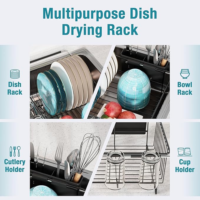 Dish Drying Rack in Sink, Over The Sink Colander Strainer Basket, Stainless Steel Strainer Basket with Expandable Rubber Grip Handles for Vegetables, Fruits, Home Kitchen Essentials, Black