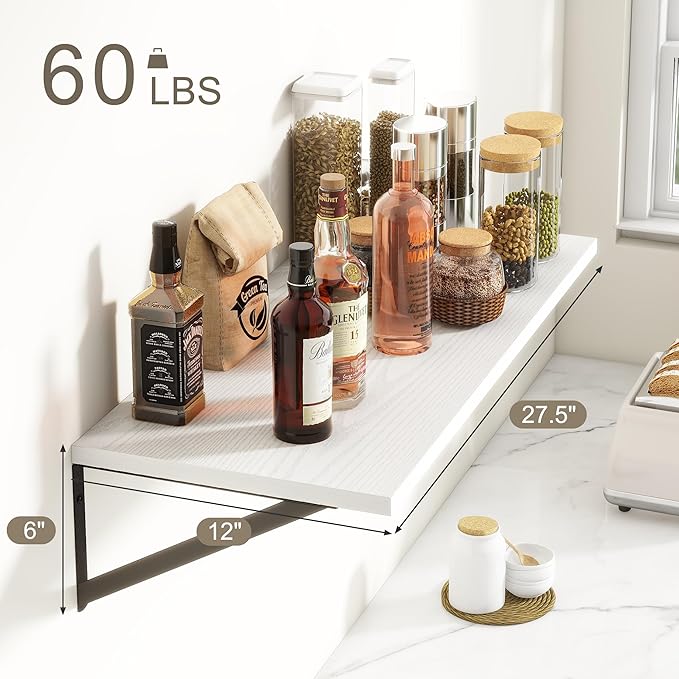 Fun Memories 27.5" W x12 D Floating Shelves, White Wall Shelf with Brackets, 12 Inch Deep Floating Shelf Set of 2, Large Storage Kitchen Living Room Bathroom Shelves, Wood Wall Mounted Shelf