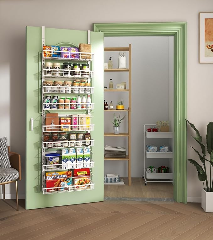 Over The Door Pantry Organizer, Wall Mount Spice Rack, Pantry Hanging Storage and Organization, 8 Adjustable Baskets Heavy-Duty Metal for Home & Kitchen, Back of Door Seasoning Rack - White