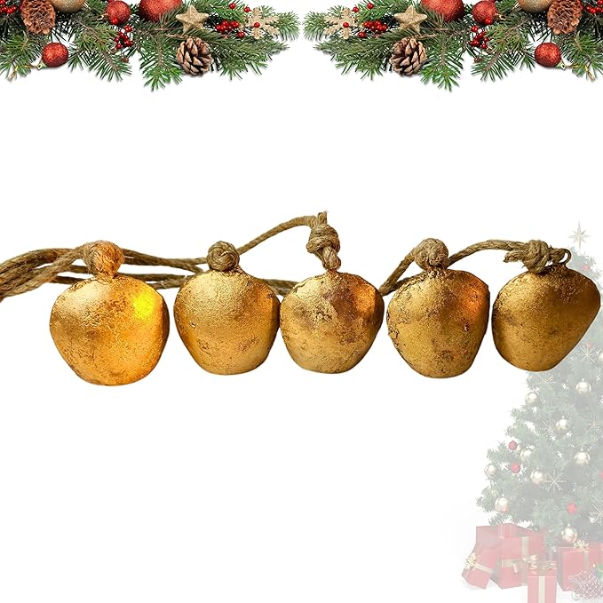 Harmony 5 Cow Bells Cluster on Rope - Large Rustic Vintage Lucky Cow Bells On Rope Wall Hanging Decor