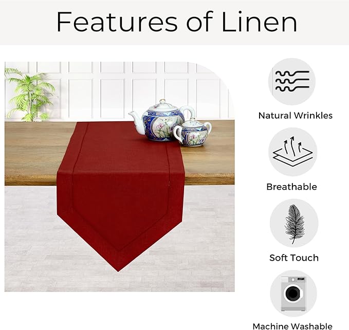 D'Moksha Homes Red Linen Table Runner 90 Inches Long - 100% Pure Linen Diamond Table Runner 14 x 90 Inch for Dining, Fall and Halloween - Machine Washable