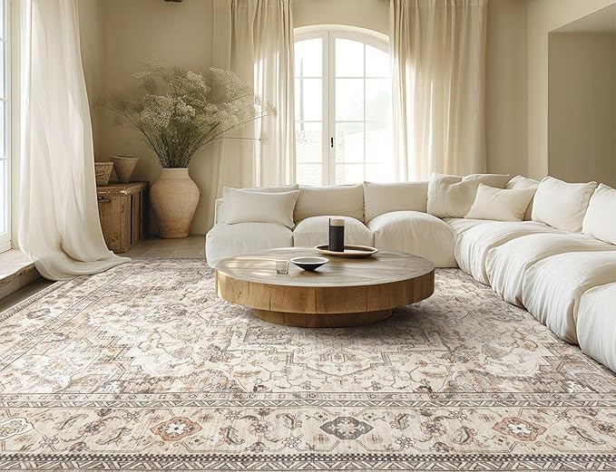 Washable Area Rugs for Living Room - 5x7 Neutral Vintage Distressed Floral Farmhouse Boho Large Soft Floor Rug Indoor Non Slip Carpet for Bedroom Dining Room Office - Brown/Multi