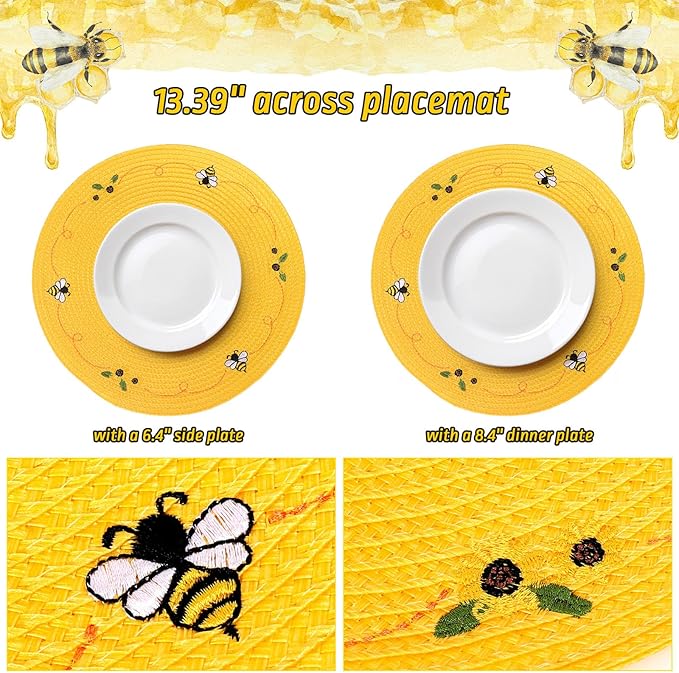 Whaline 4Pcs Round Placemats Bee Sunflower Embroidered Place Mats Bee Floral Dinner Table Mats for Home Spring Summer Holiday Birthday Baby Shower Party Decor