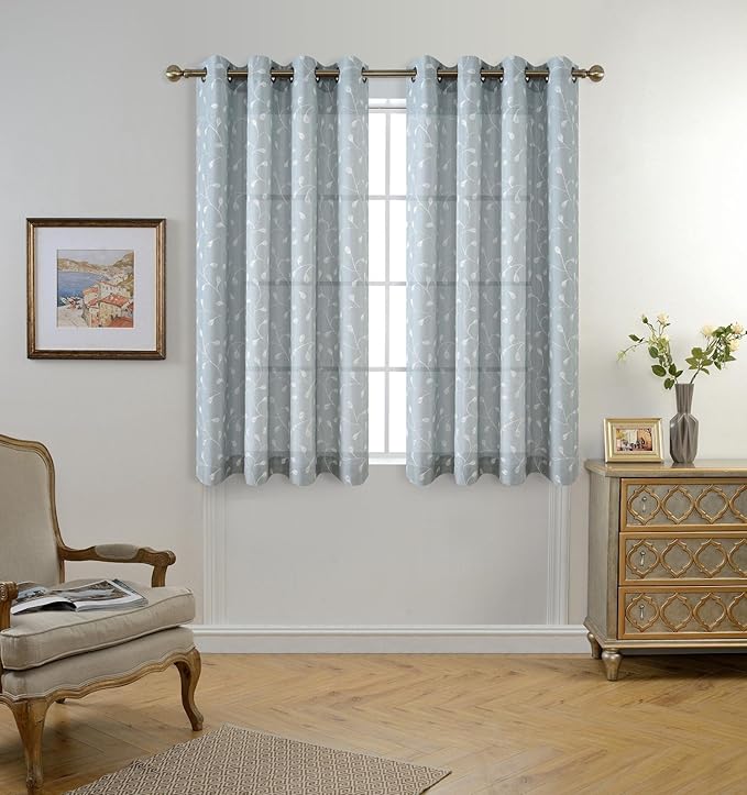 MIUCO Floral Embroidered Semi Sheer Curtains Linen Look Grommet Window Curtains for Bedroom 52 x 95 Inch 2 Panels, Sea Foam
