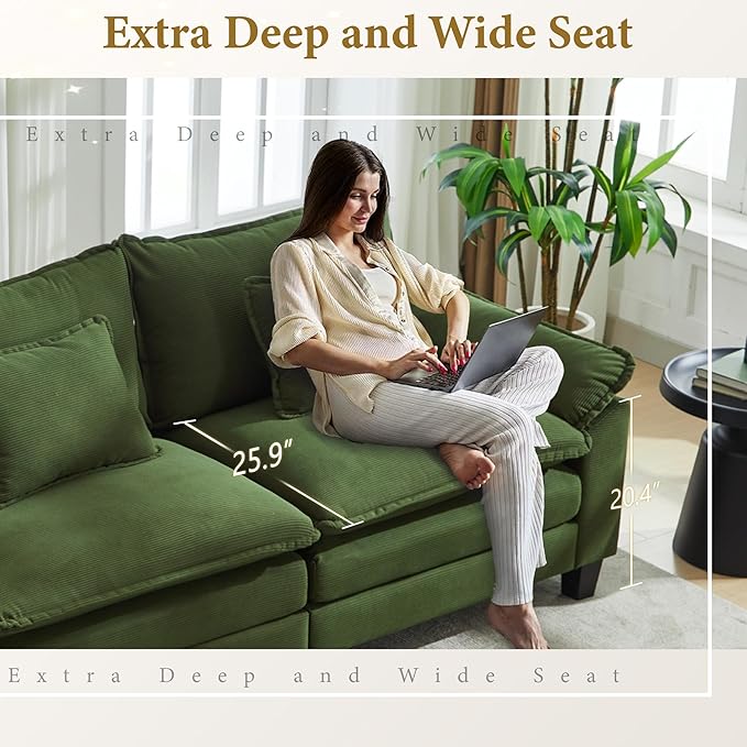 URRED Modular Sectional Sofa Comfy Cloud Couch, Modern Corduroy Sofa Sleeper Deep Seat Couches with Ottoman/Pillows for Living Room (Green, 117''- L Shape)