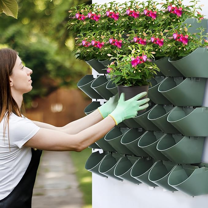 Worth Garden Upgraded 12 Sets (36-Pocket) Self Watering Stackable Vertical Planters - Wall Mounted Plastic Plant Grow Pots fr Strawberries Flowers Herbs - Indoor Outdoor Green Wall Decoration (Green)