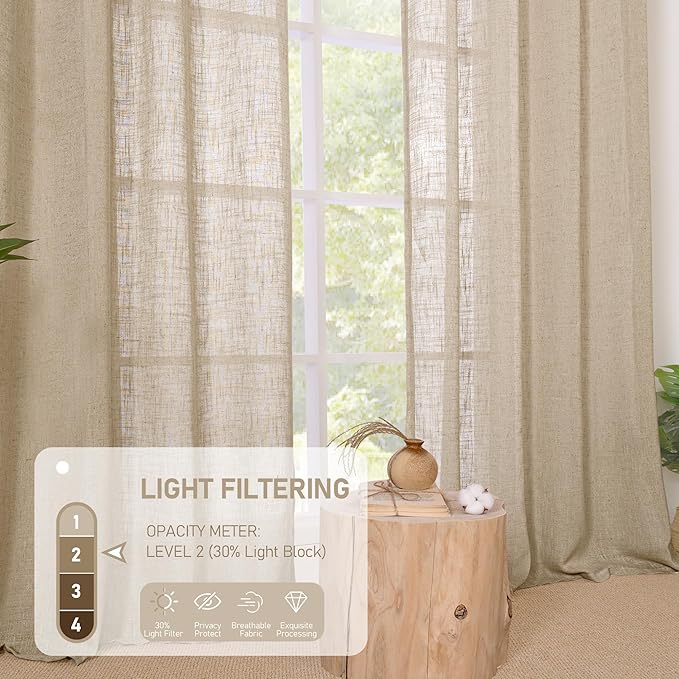 LAMIT Linen Curtains 84 Inches Long for Living Room, Bronze Grommet Linen Light Filtering Window Treatments Semi Sheer Burlap Drapes for Bedroom,2 Panels Set 60 x 84 Inch, Brown