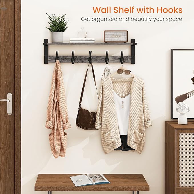 Homode Coat Rack Wall Mount with Shelf, 29 Inch Wood Wall Shelf with Hooks, Entryway Coat Hanger Wall Mount with 5 Hangers for Bathroom, Bedroom, Living Room, Grey