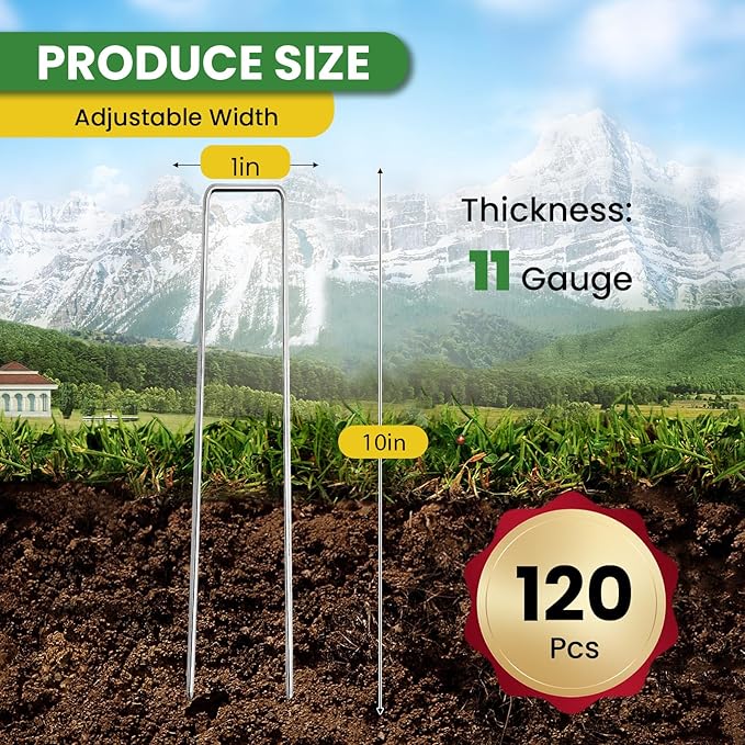 Landscape Staples 10 Inch 120 Pack, Garden Stakes Galvanized Garden Staples 11 Gauge, Plant Cover Stakes for Lawn Weed Barrier