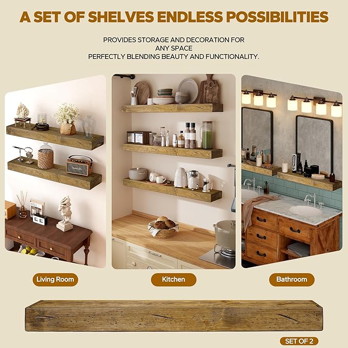 Floating Shelves 3 inch Thick for Wall Set of 2,Solid Pine Wood Wall Mount Shelf for Kitchen Living Room Bedroom Bathroom,8" D x 60" L x 3" H-Distressed Black Walnut