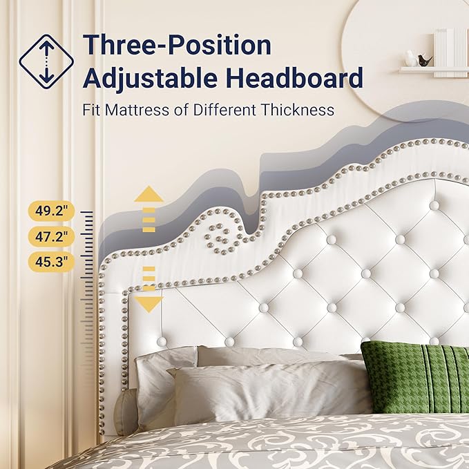 Allewie Queen Bed Frame with Adjustable Velvet Tiara Headboard, Upholstered Diamond Button Tufted Platform Bed, Wood Slats Support, No Box Spring Needed, Mattress Foundation, Easy Assembly, White