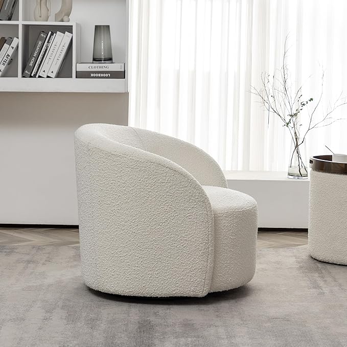 KINWELL 34" W Mid Century Modern Swivel Barrel Chair, Round Upholstered Boucle Swivel Accent Chairs, No Assembly Sofa Chair for Living Room Bedroom Reading Apartment Lounge Nursery(Cream)
