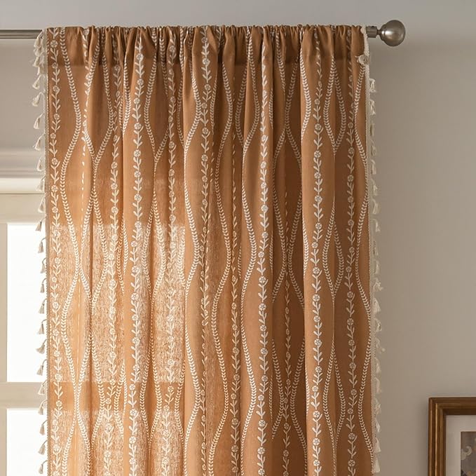 Sutuo Home Boho Curtains for Bedroom Dining Room 96 Inches Long, Printed Cotton Linen Rod Pocket Vintage Farmhouse Bohemian Tassels Window Treatment, 1 Panel 59" W x 96" L, Terracotta Stripe Florals