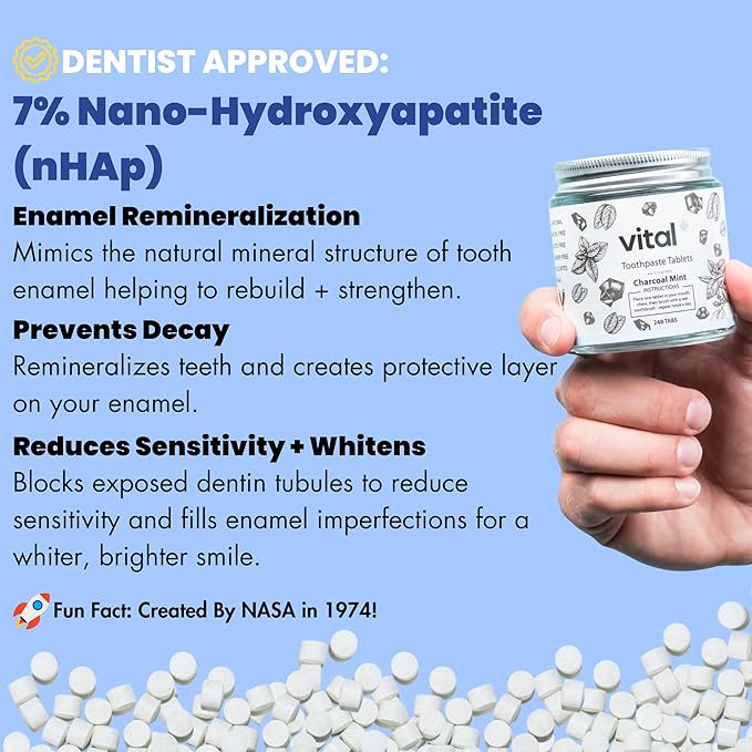 Vital Toothpaste Tabs with Nano-Hydroxyapatite | Naturally Whitens + Remineralizes Teeth | Fluoride & Plastic Free | Combats Sensitivity | Travel & Eco Friendly | Charcoal Mint | 62 Tablets (1 Month)