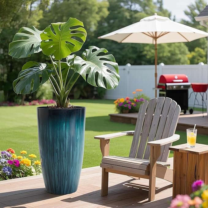 KOL 2-Pack 23.5" Plastic Planters, Gradient Blue Glossy Large Tall Plant Pots, Lightweight Decorative Flower Containers with Drainage Hole & Dual-Purpose Saucer – Indoor & Outdoor Use Front Porch