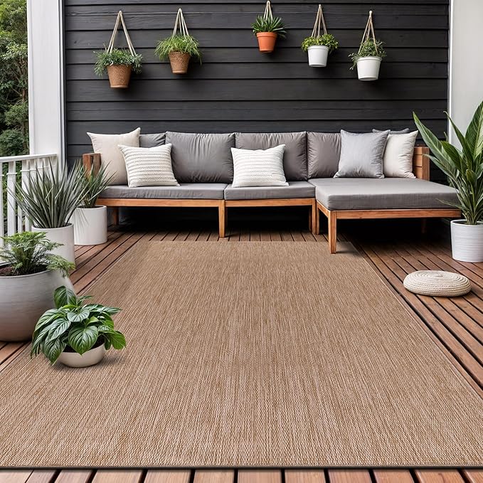 Washable Indoor Outdoor Rug 8x10 Weather Resistant Area Rugs Modern Solid Jute Rug for Porch Deck Balcony Backyard Patio Outside Carpet (8 X 10 Jute Beige)